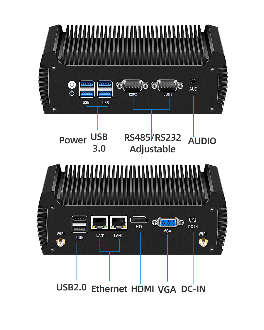 Fanless Industrial Mini PC Intel i3-8130U i5-8250U 2x DB9 RS232 RS485 2x LAN 6x USB Mini PCIe GPIO WiFi 4G LTE Win10/11 Linux
