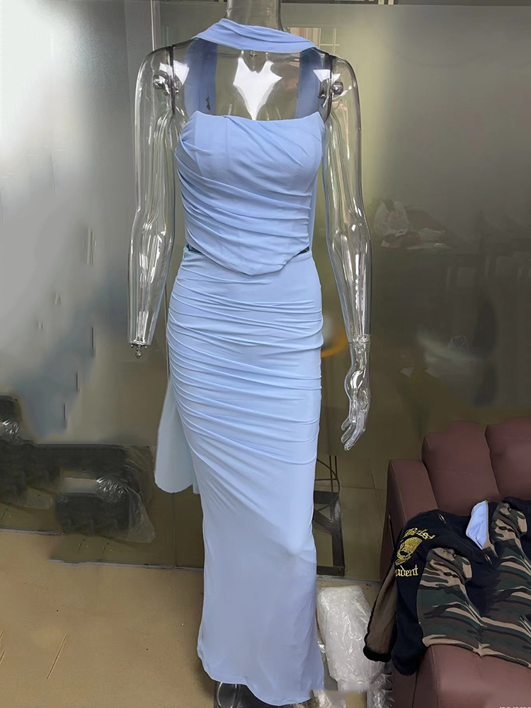 Mozision セクシーなツーピースセット女性ネッカチーフストラップレスクロップトップスとマキシスカートセットセクシーなクラブパーティースカートツーピースセット