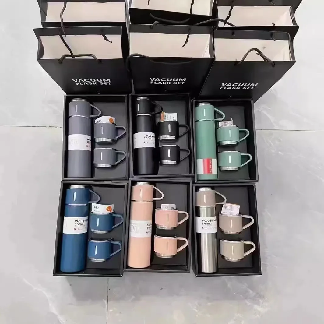 500ML 304 สแตนเลสสตีลสูญญากาศฉนวนขวดชุดของขวัญสํานักงานธุรกิจแก้วกาแฟขวดน้ําสแตนเลสพร้อมฟาง