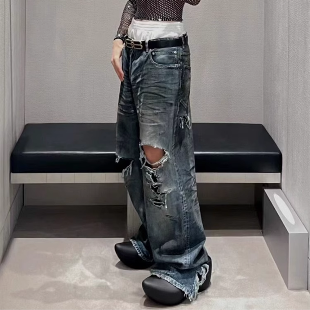 ほつれダメージ穴だぶだぶのワイドレッグジーンズ男性と女性のためのストリートカジュアル Ropa Hombre デニムパンツ特大カーゴパンツ
