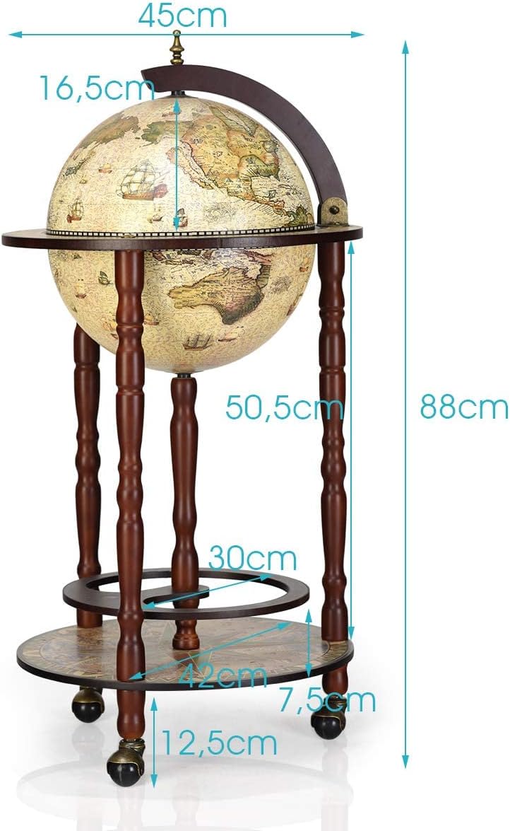 Barra de globo de madera de eucalipto, soporte de vino de globo de madera, montado sobre ruedas, estilo antiguo, 45x45x88cm, blanco