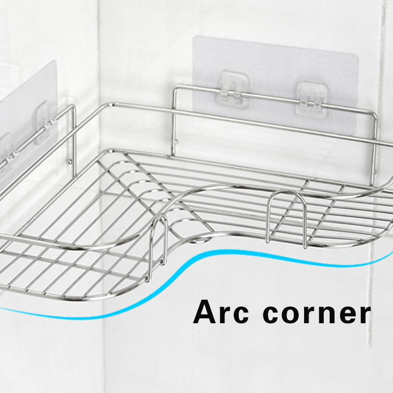 Stainless Steel Triangular Holder Shelf Wall Mounted Adhesive Shampoo Shower Storage Rack Kitchen Bathroom Organizer