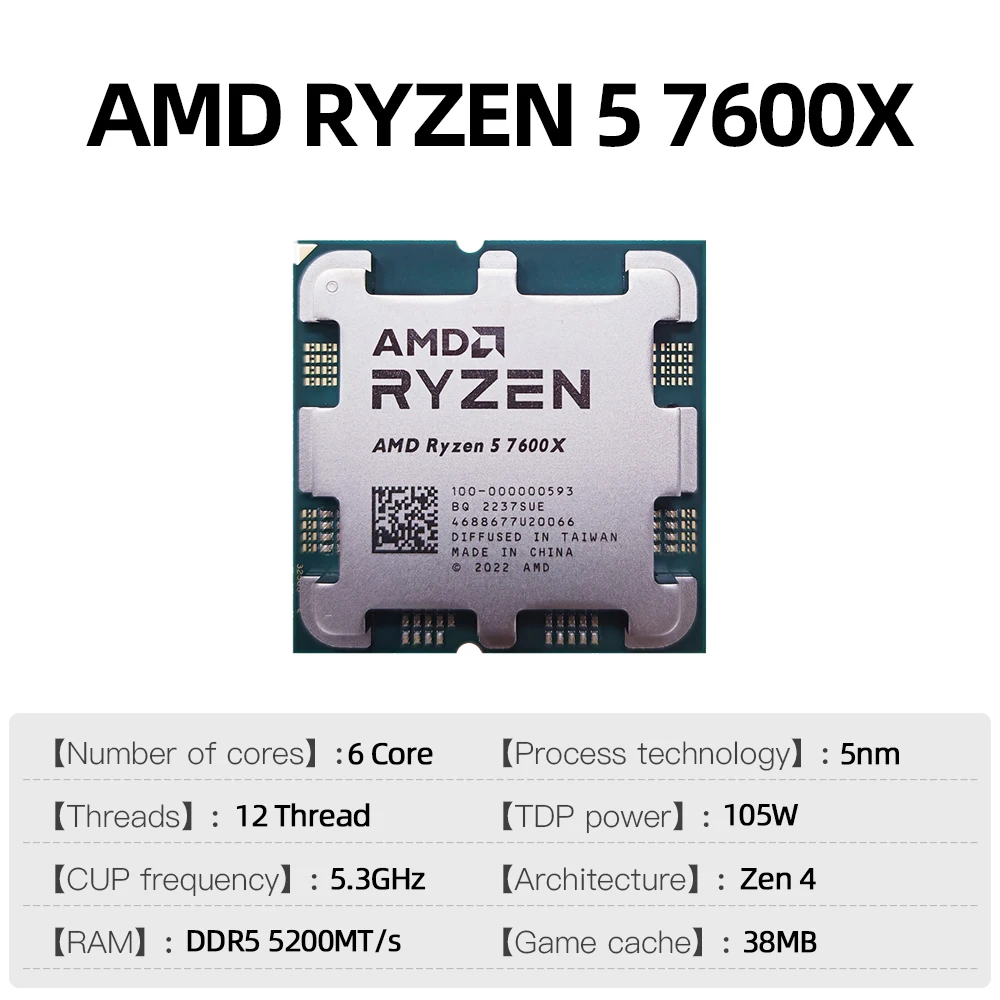 AMD RYZEN 5 7600X Brand New CPU Gaming Processor AMD R5 7600X 6-Core 12-Thread 5nm 38M Socket AM5 Without Fan PC Gamer Cache