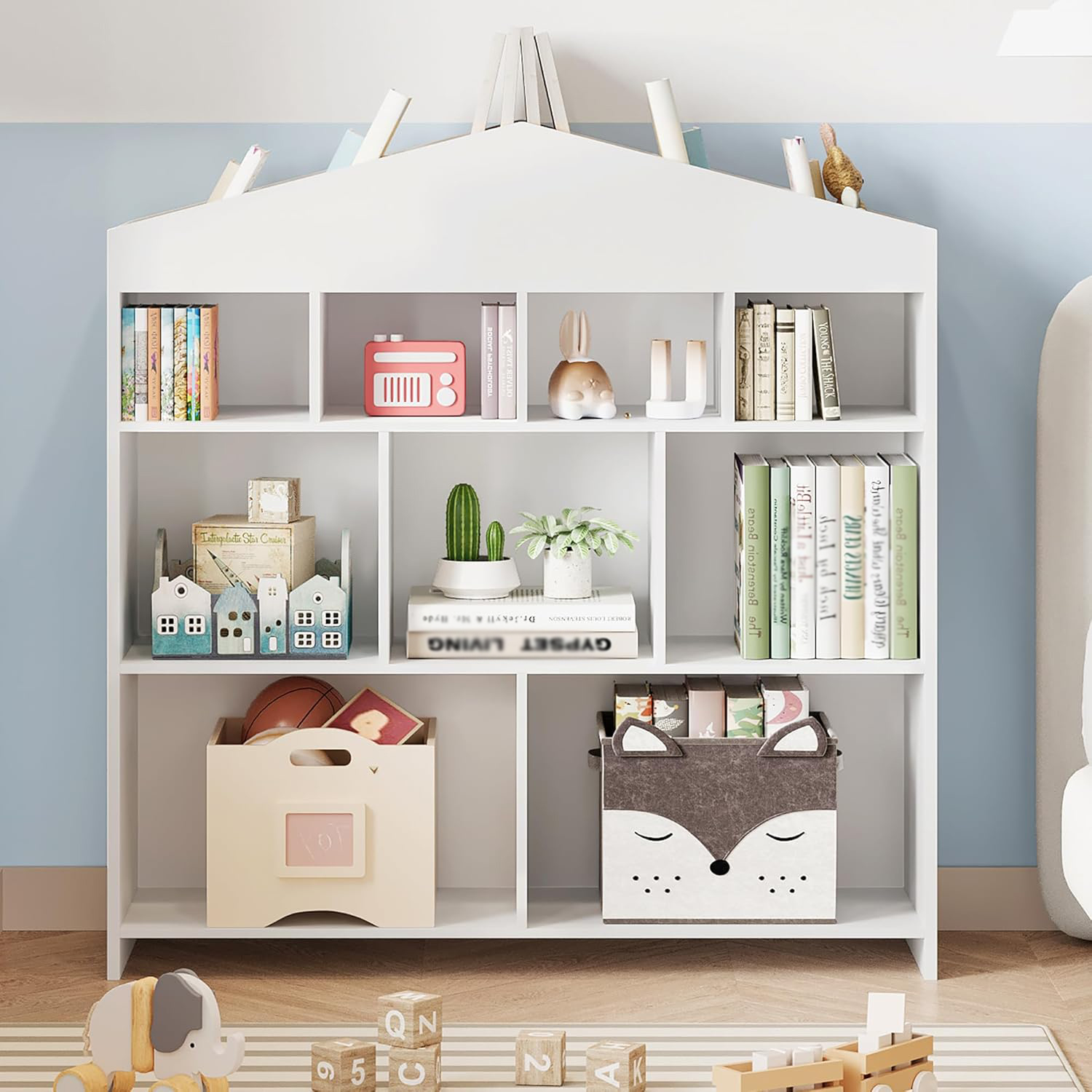 Scaffale per bambini a 9 coperti Libreria in legno Scaffale per armadietto per casetta da gioco per bambini per ragazzi e ragazze Organizzatore di stoccaggio di giocattoli per sala giochi