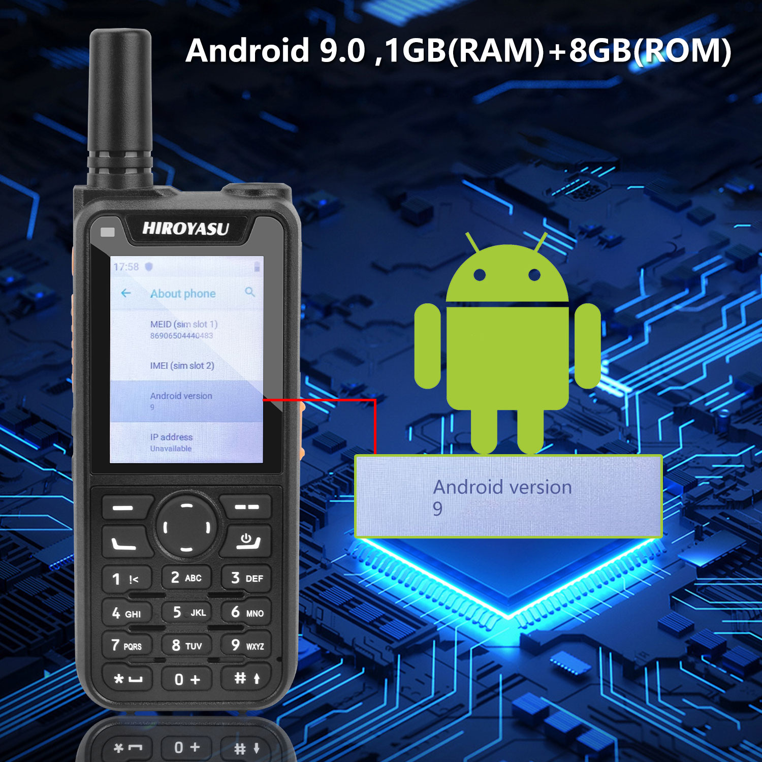 Zello walkie talkie hiroyasu HI-B6 android 9.0 4g cartões sim duplos rádio poc ptt 1gb rom 8gb ram teclado completo tela hd de 2.4 polegadas