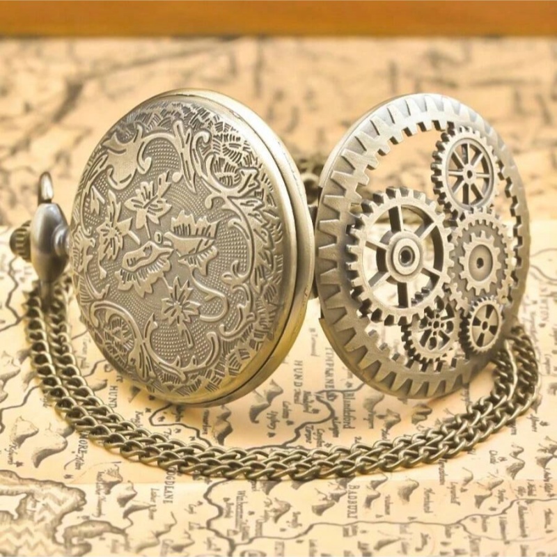 Vintage bronze steampunk cobre recorte engrenagem relógio de bolso de quartzo colar pingente relógio corrente masculino feminino corrente presente