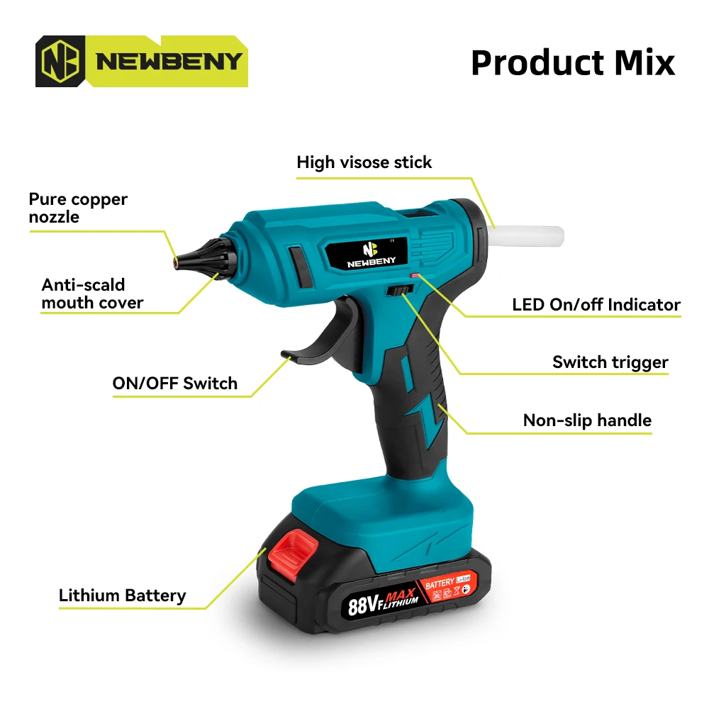 NEWBENY 280°C Cordless Hot Melt Glue Gun Portable Rechargeable with 10pcs 11mm Glue Sticks DIY Repair Tool For  18VBattery