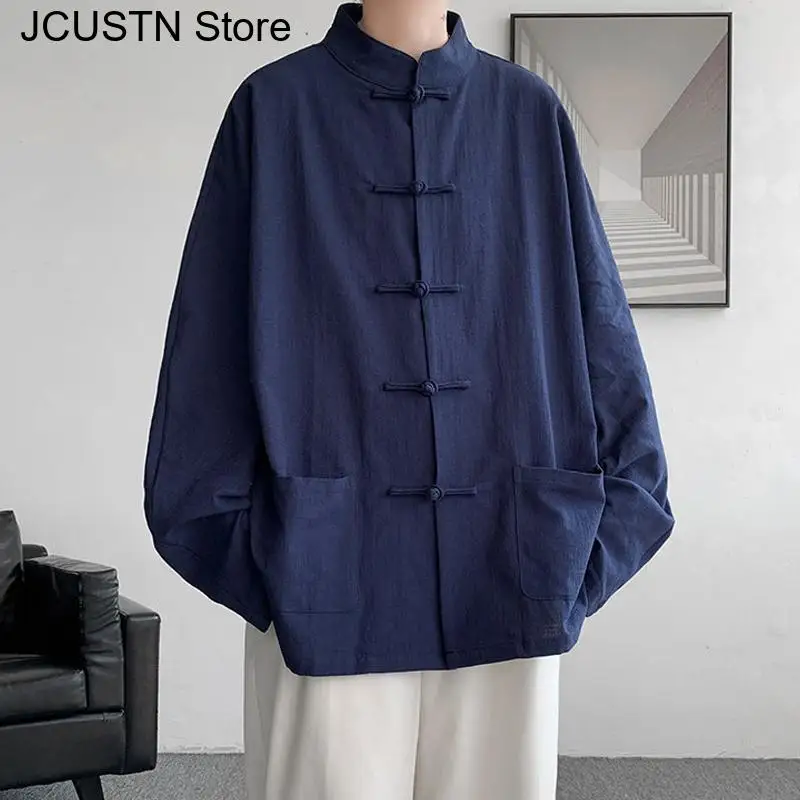Ropa tradicional china, Top Qipao de algodón Hanfu mejorado, prendas de vestir informales para otoño y primavera, camisa de talla grande para hombre, chaquetas de Kungfu