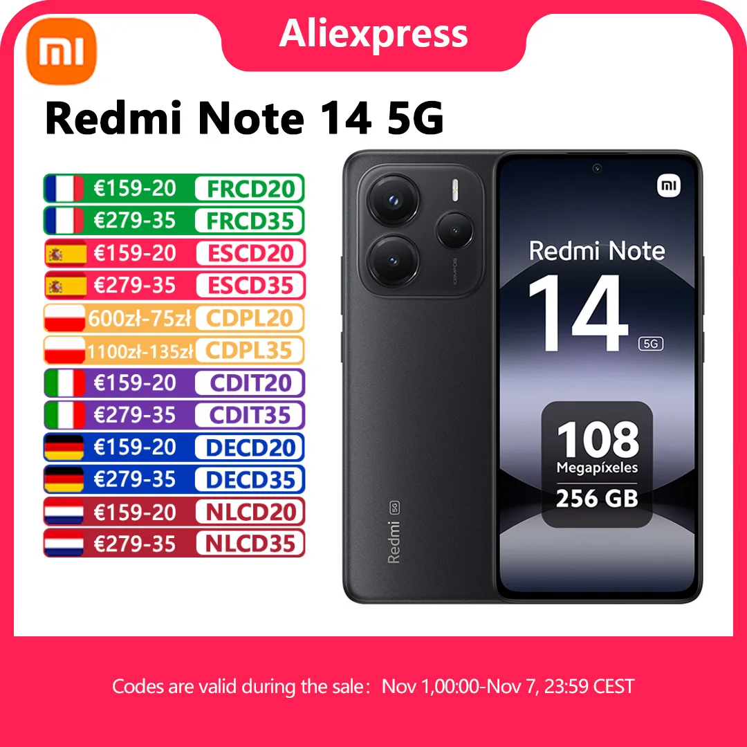 Xiaomi Redmi Note 14 5G Versione Europea 8+256GB Dimensity 7025-Ultra AMOLED Display 6.67" 120Hz 108MP Fotocamera Principale OIS 45W Ricarica, IP64, NFC