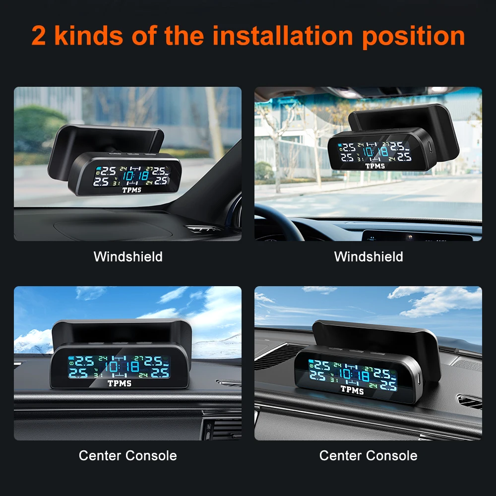 Car TPMS Tire Pressure Sensors Solar Tire Pressure Monitoring System TMPS Temperature Alarm 4 Wheel Tyre External Sensor
