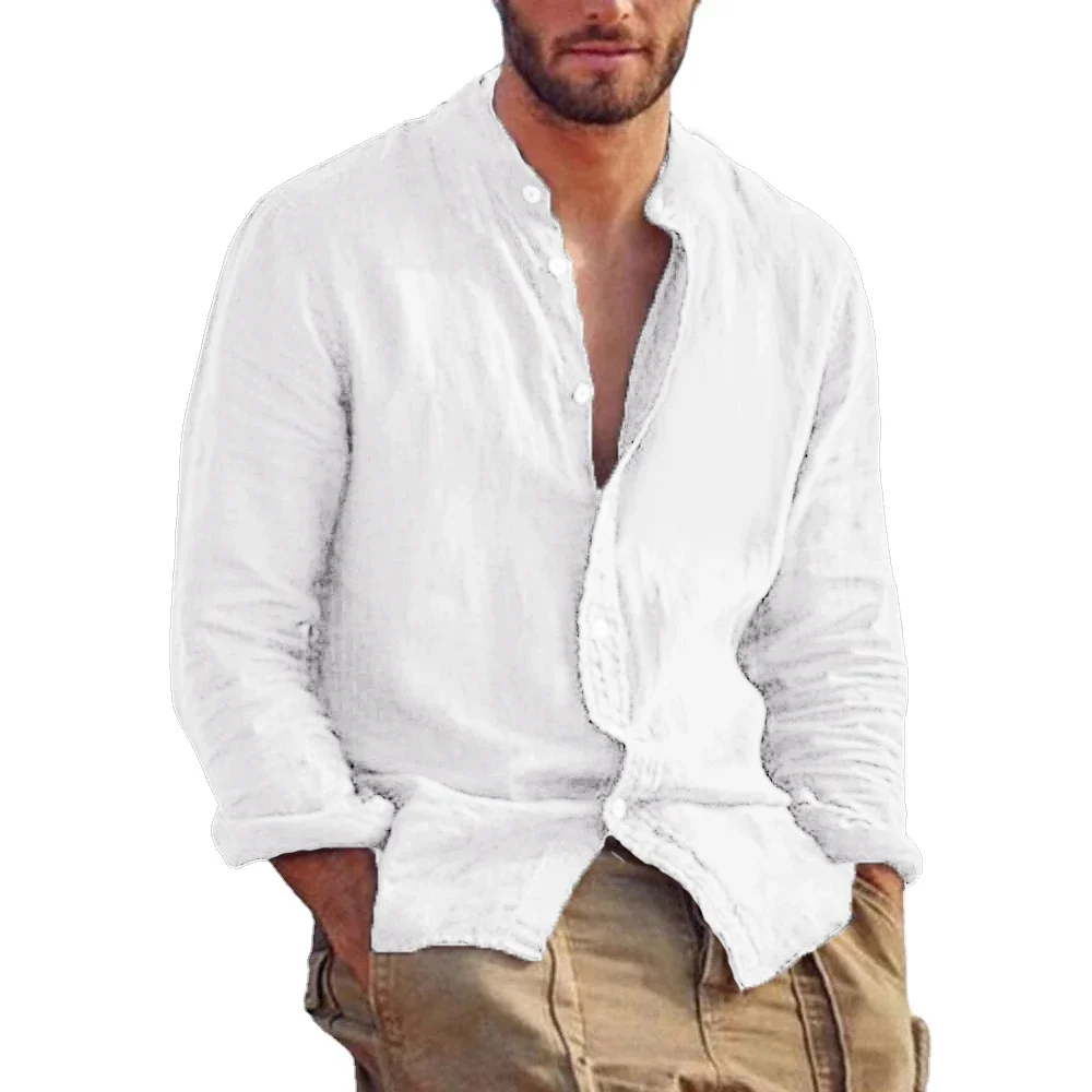 Camicia a maniche lunghe in tinta unita da uomo nuova Camicie in cotone di lino Tendenza Taglie forti Colletto alla coreana Top da spiaggia leggeri casual