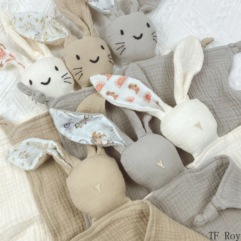 Simpatico bambino coniglio gatto consolatore morbido cotone bambole addormentate coperta di stoffa lenitiva asciugamano di mussola neonato placare asciugamano bavaglini