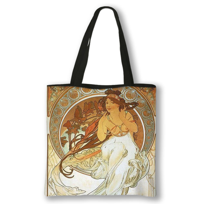 Pintura a óleo impressa bolsa de ombro para mulheres sacolas de grande capacidade bolsa casual sacolas de compras reutilizáveis Alphonse Mucha presente