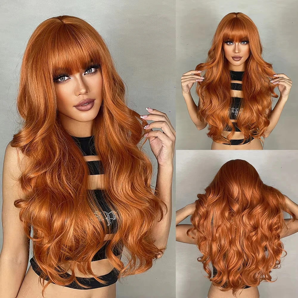 Moda laranja peruca sintética senhoras longo cabelo encaracolado com franja ondas grandes cosplay peruca de seda de alta temperatura capa de cabeça cheia