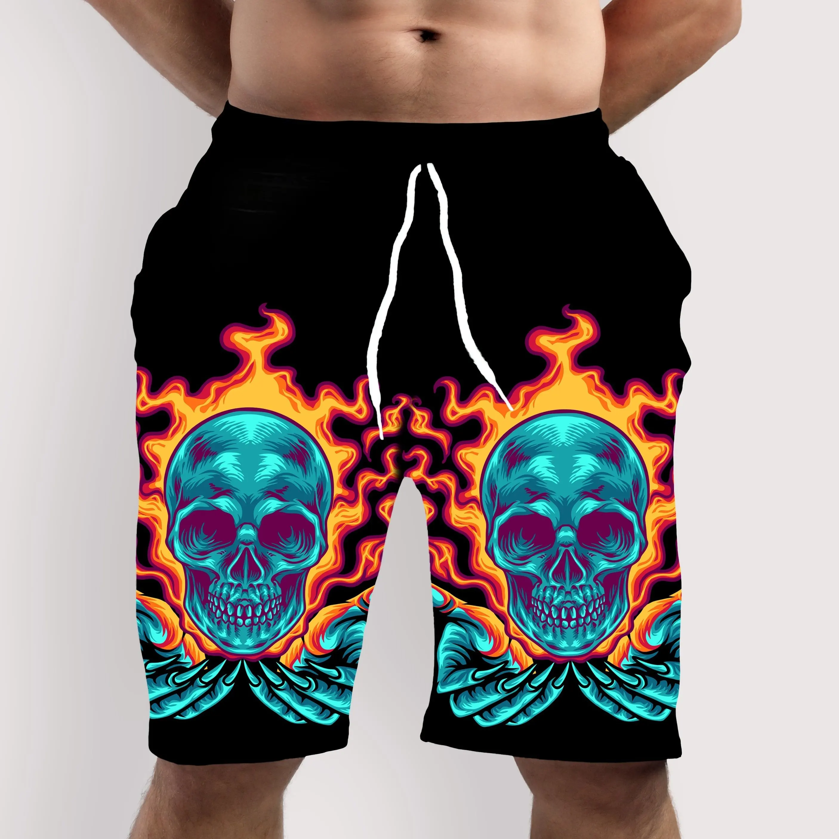 Men's Skull 3D Pattern Comfy Shorts Oversized Casual Elastic Waist Drawstring Shorts for Summer Beach And Basketball Sport Short