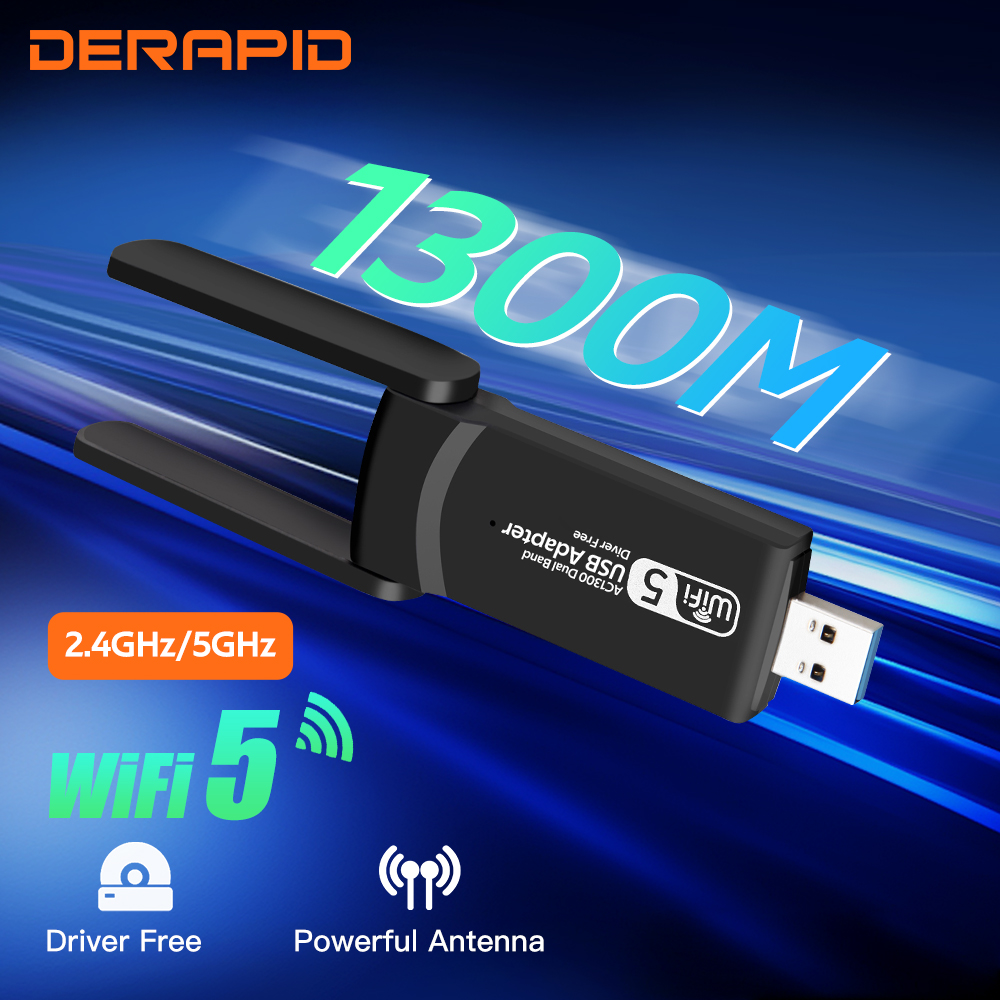 Adaptador WiFi USB de 1300Mbps, banda Dual, adaptador de red de 2,4G/5GHz, 802.11AC, Dongle de antena WiFi para PC/ordenador portátil, controlador gratis Win10/11