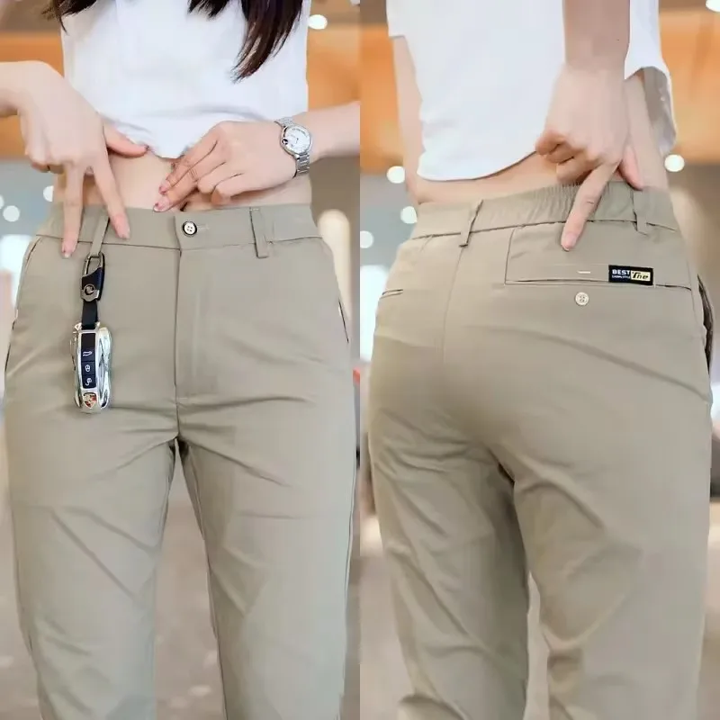 Pantalones informales de Golf de seda de hielo para hombre, pantalones deportivos de peso medio, diseño Simple, pantalones informales elásticos de pierna recta ajustados de color caqui y negro