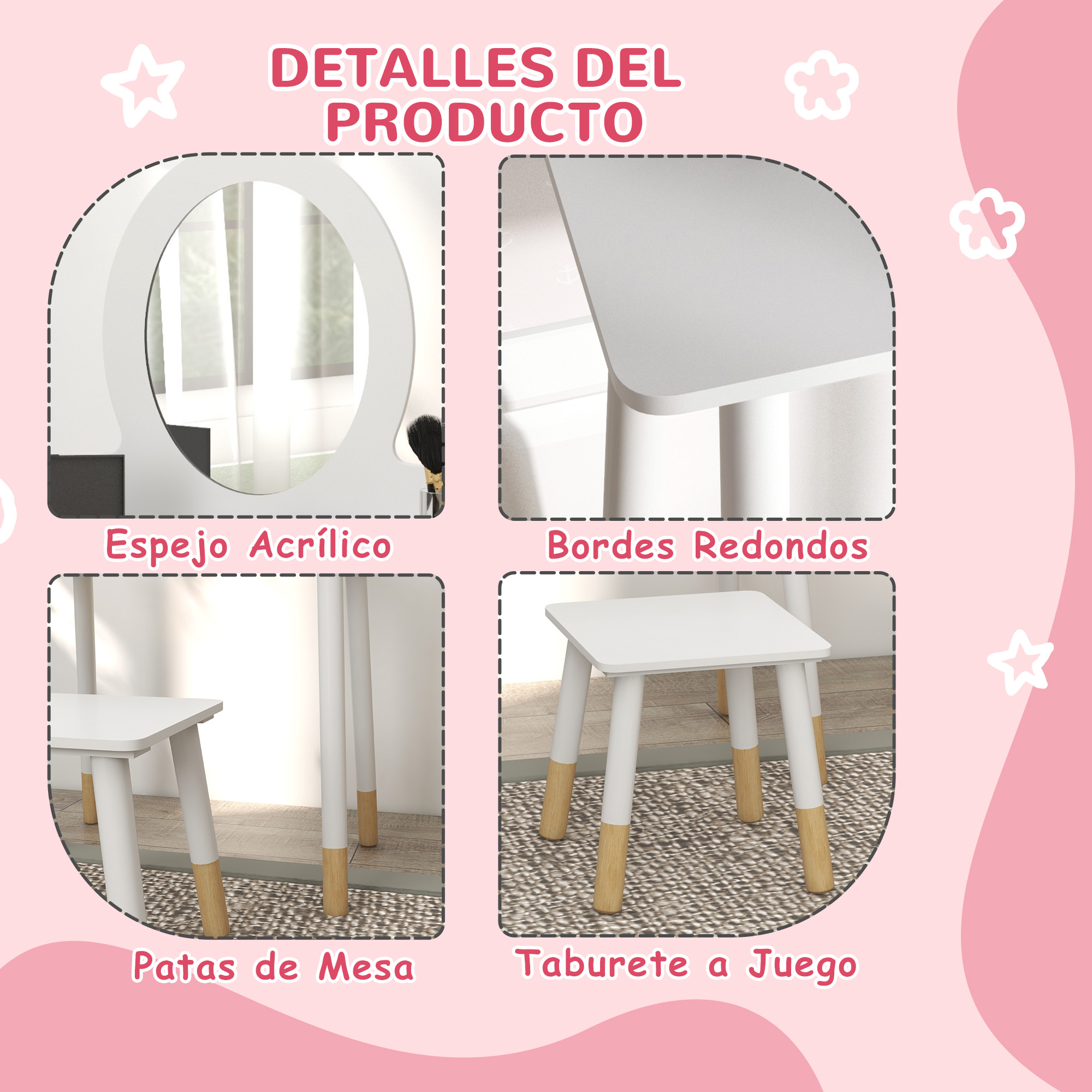 Penteadeira AIYAPLAY para meninas, banqueta com design simples, branco