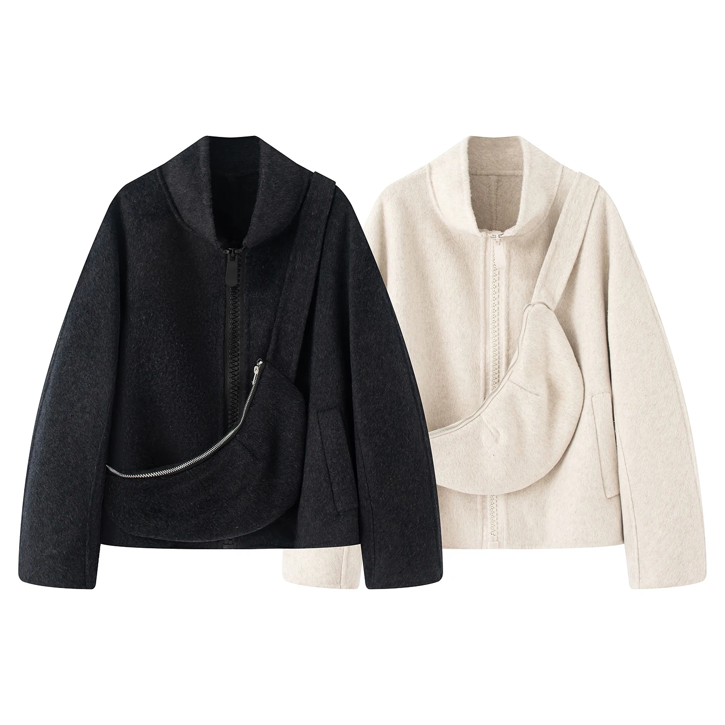 Faionable dupla face de lã ort casaco outono 2025 zíper lua dente saco de lã outerwear casual sle longo sve casaco