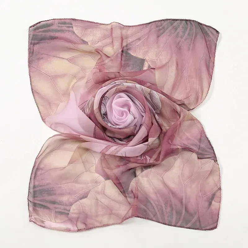 Lenço de chiffon com estampa de lótus, lenço de pescoço leve e elegante para mulheres, verão, proteção solar, lenço de seda, xale 150*50cm