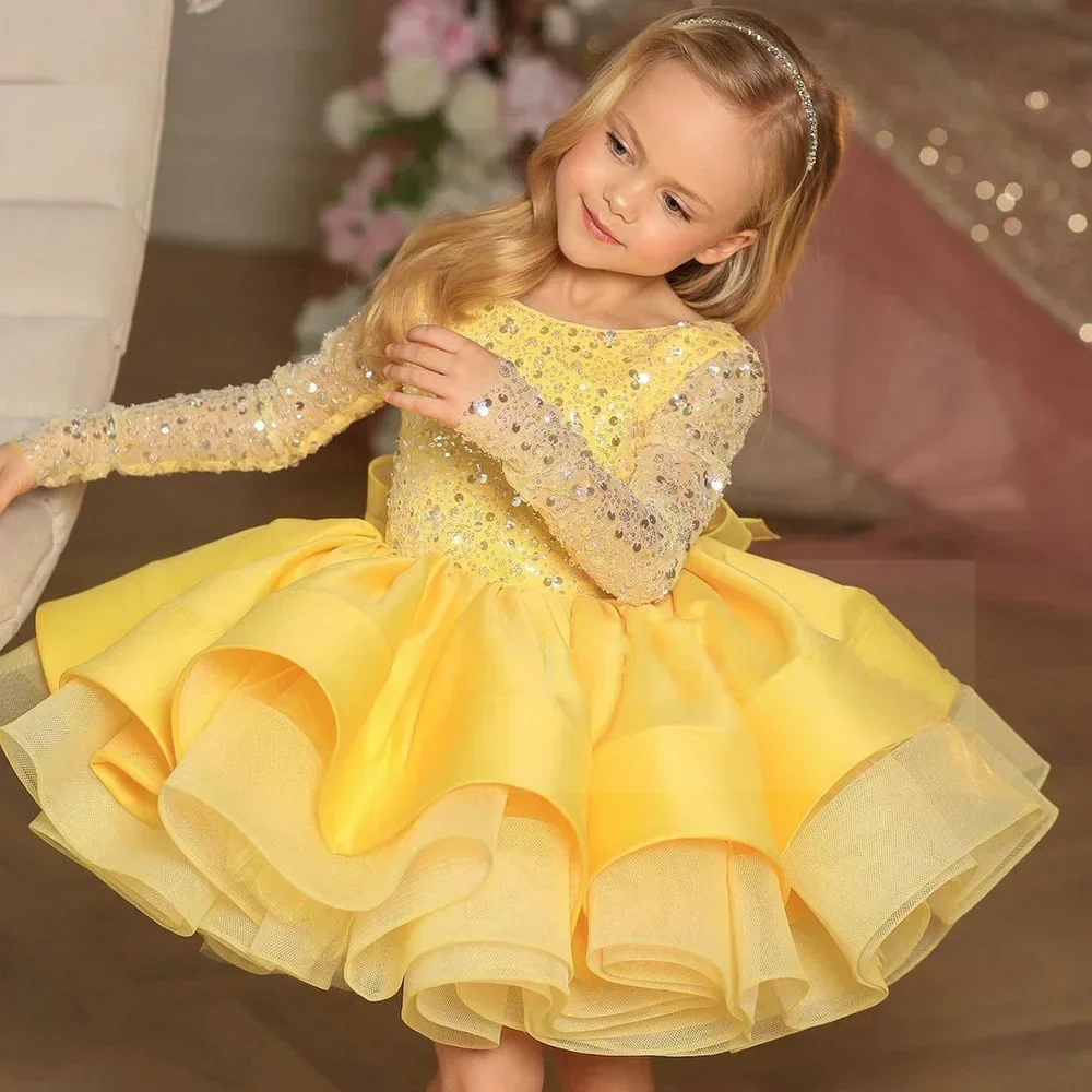 แขนยาวเด็กผู้หญิงชุดวันเกิด Sequined Fluffy Lush ชุดสําหรับสาวเจ้าหญิงชุดบอล Tutu Baptism ชุดเด็กผู้หญิง