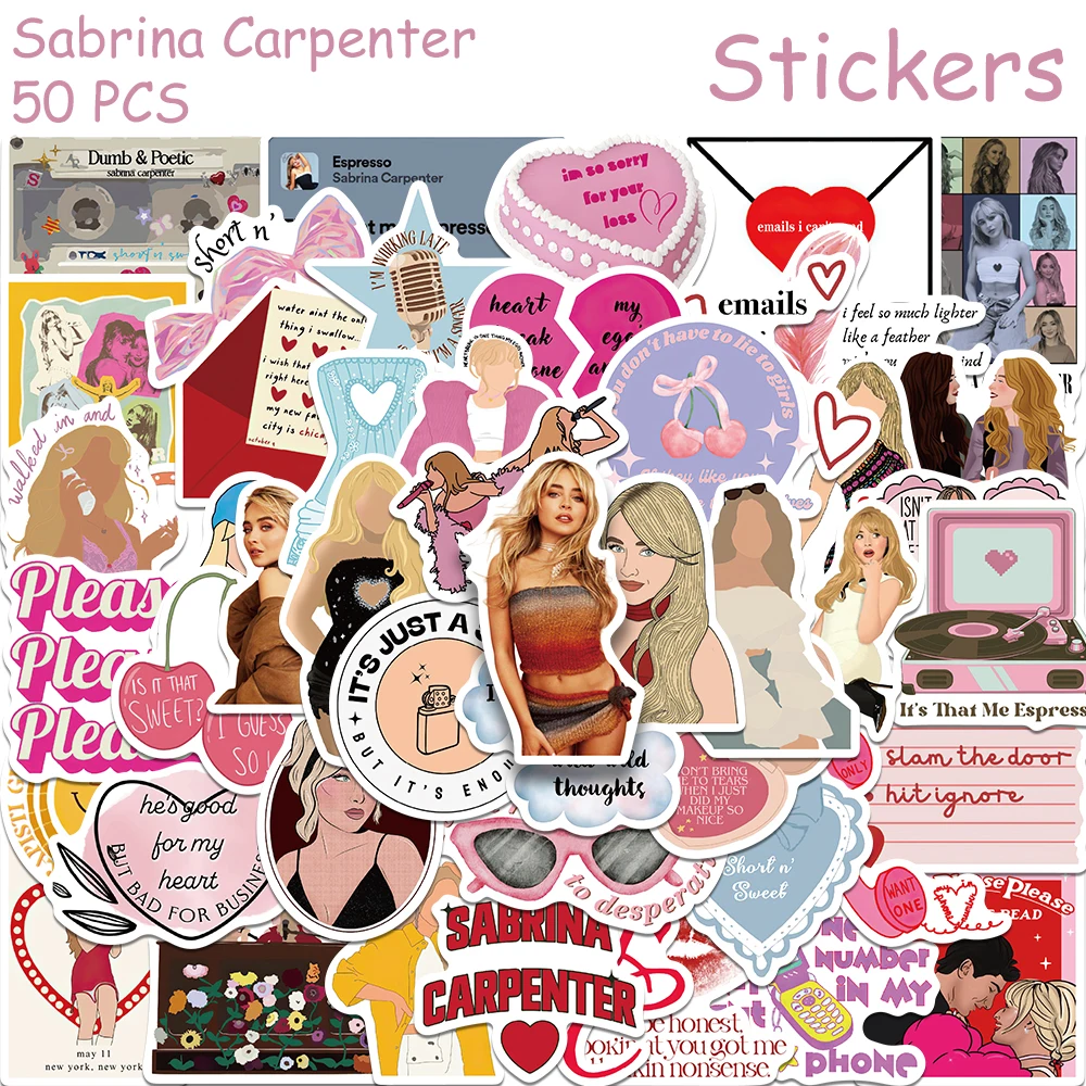 50 Uds. Pegatinas de carpintero Sabrina de cantante caliente, calcomanías de conciertos de superestrella para teléfono, portátil, equipaje, guitarra, pegatinas estéticas rosas