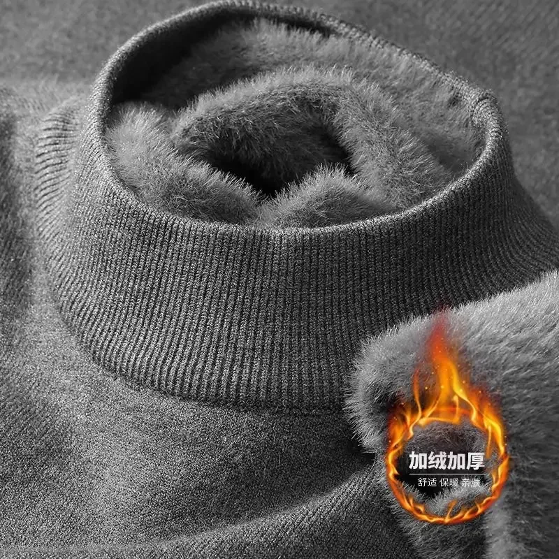 Plüsch Herren Strickpullover Rollkragenpullover mit samtgepolsterter warmer fester Pullover Herbst Winter dicker Boden lässiger O-Ausschnitt-Pullover