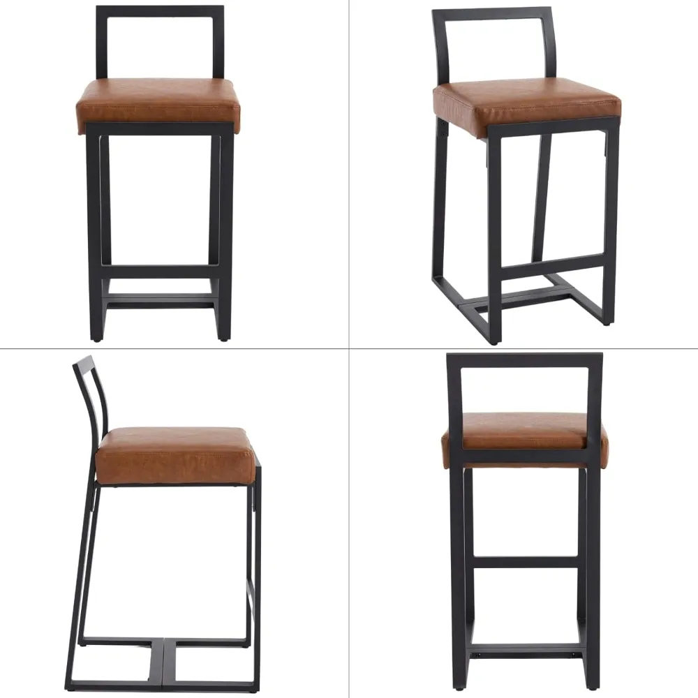 26’’ Modern Bar Stools Set of 2, Upholstered PU Leather Bar Chairs with Backrest Armless Counter Height Stools with Metal Frame