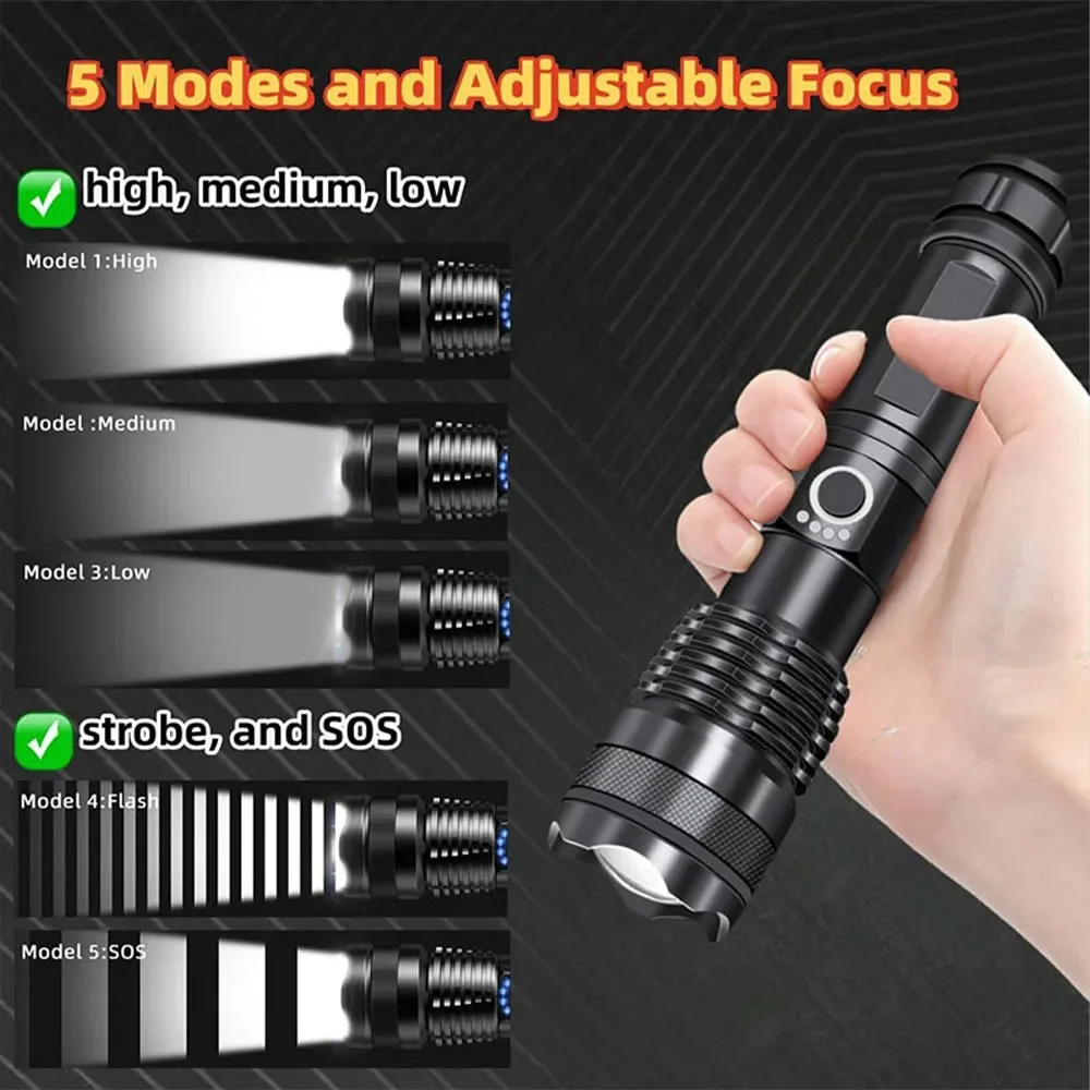 Potente linterna LED, recargable por USB, luz de mano, linterna con Zoom telescópico, linterna de pesca para acampar al aire libre
