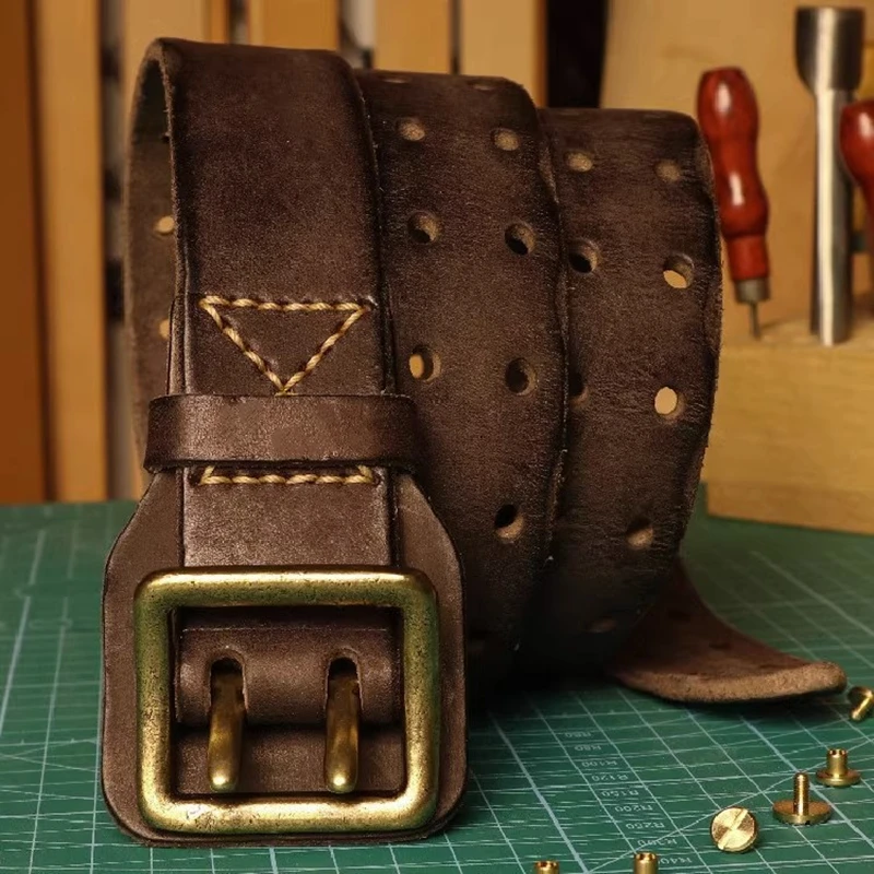 Cinturón Original hecho a mano con hebilla de doble aguja para hombre, cinturón vaquero Macho antiguo hecho con agua, cinturón táctico del ejército y2k de cuero genuino