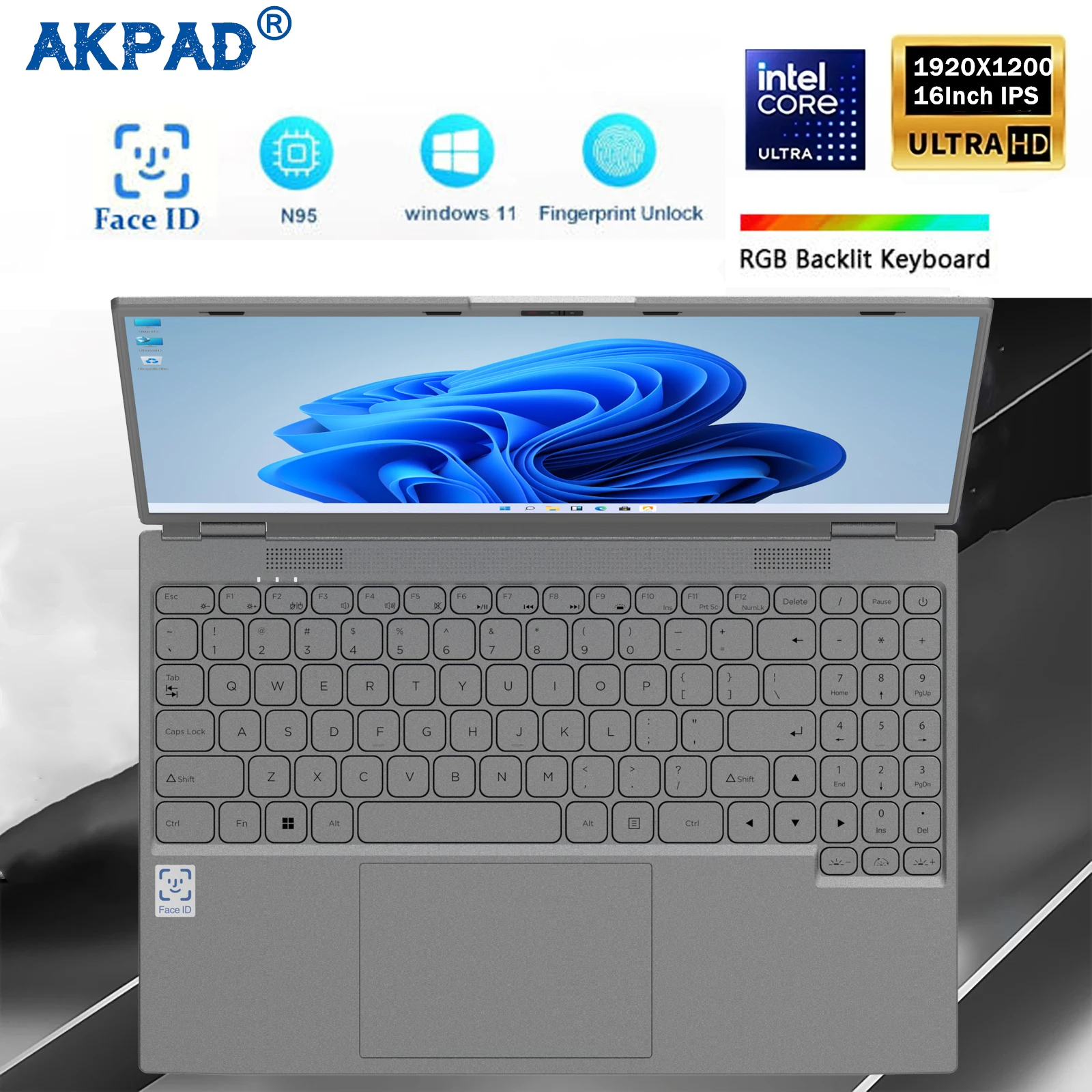 Ordenador portátil con identificación facial, pantalla IPS de 16 pulgadas, 16GB de RAM, 32GB, Intel 11. ° N95, Netbook, Windows 11 Pro, portátil de oficina, teclado RGB