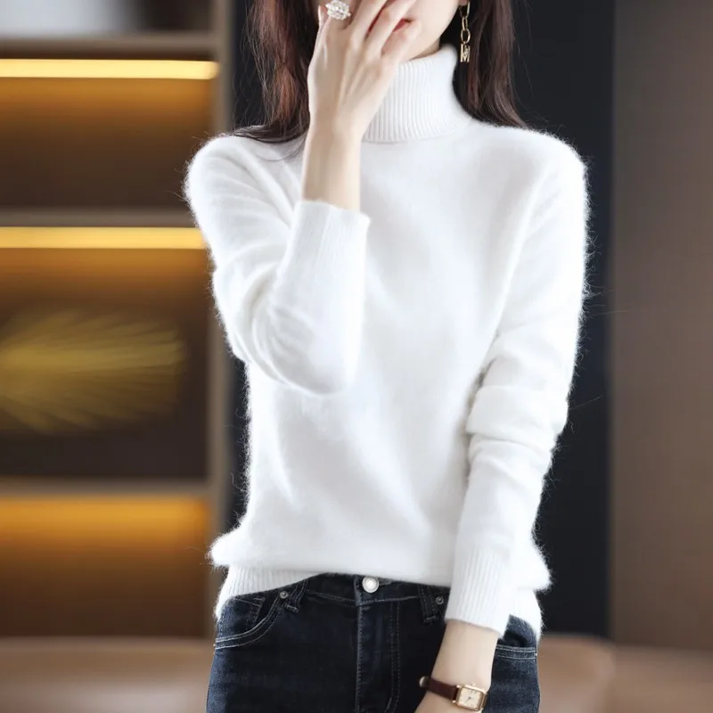 สเวตเตอร์ขนมิงค์แคชเมียร์สำหรับผู้หญิง100% ใหม่2023คอสูงถักแบบสวมหัวเสื้อให้ความอบอุ่นสำหรับ MODE Korea ฤดูใบไม้ร่วงและฤดูหนาว