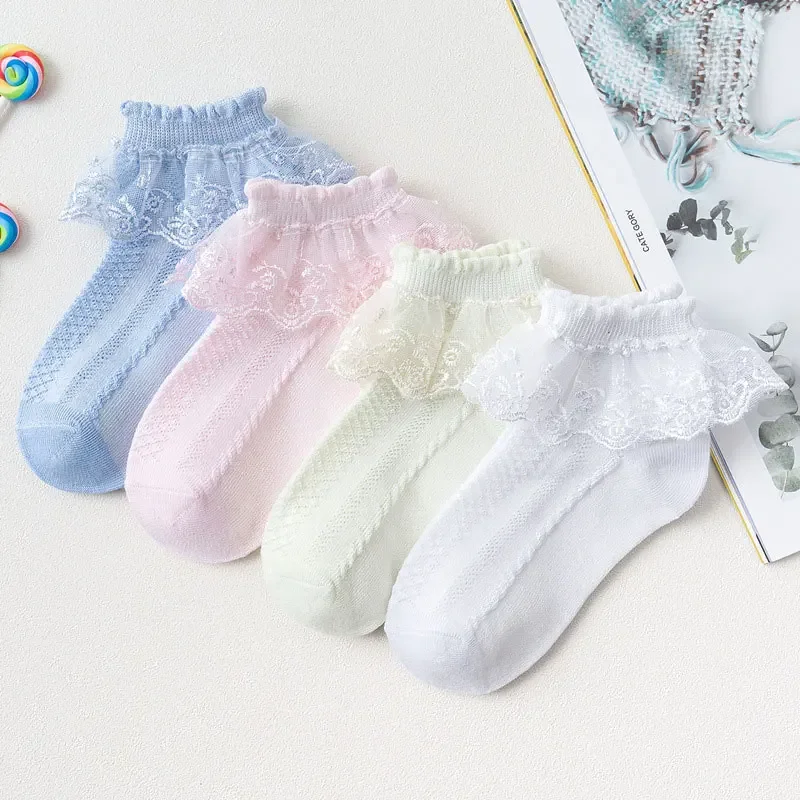 10 par/lote de calcetines para niñas y niños, calcetines de encaje con volantes de princesa de malla para niños, calcetines cortos transpirables de algodón blanco, rosa y azul para niños pequeños