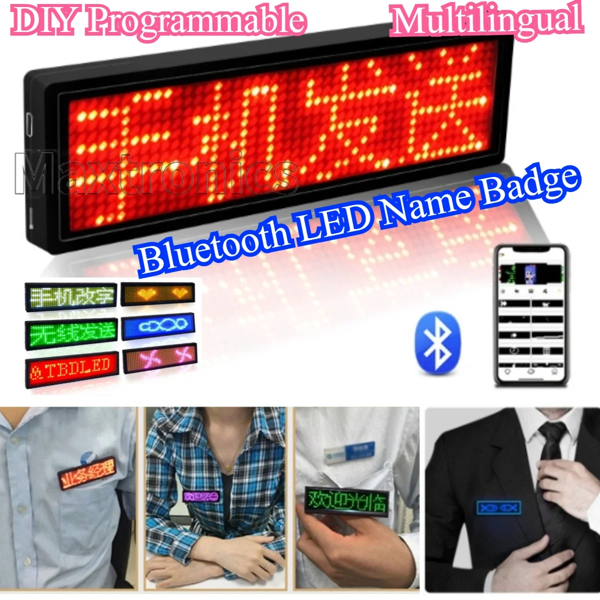 NEUES Bluetooth-LED-Namensschild, digitales LED-Tag, wiederaufladbar, DIY, programmierbare Scroll-Nachricht, 15 Anzeigetäle, Abzeichenmodule