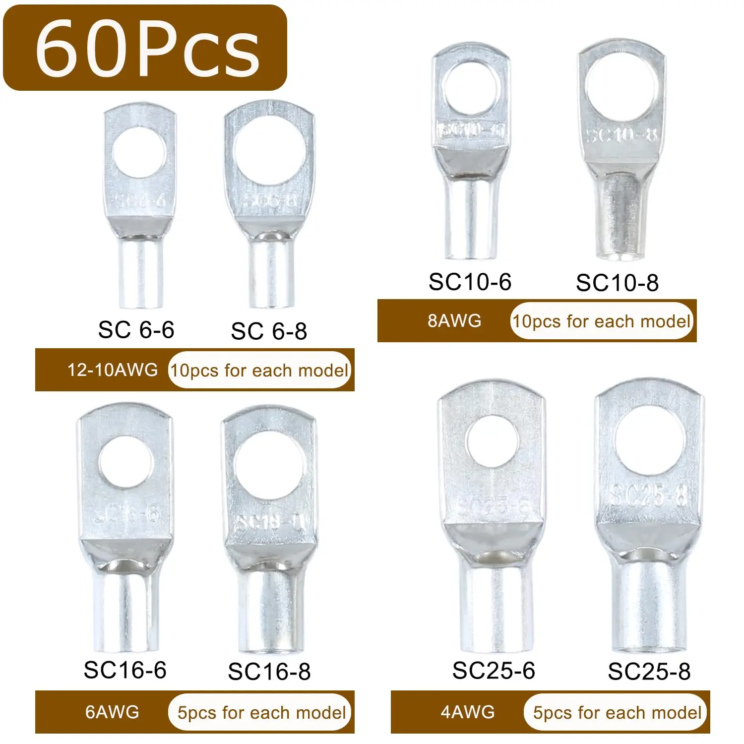 Kit capicorda in filo di rame stagnato da 60 pezzi, connettori terminali batteria Estremità cavi, terminali ad anello utilizzati su cavi AWG10 8 6 4