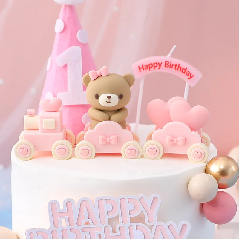 핑크 블루 베어 케이크 토퍼 곰 인형 장식품 삽입 생일 케이크 장식 아기 소년 소녀 1 생일 파티 성별 공개