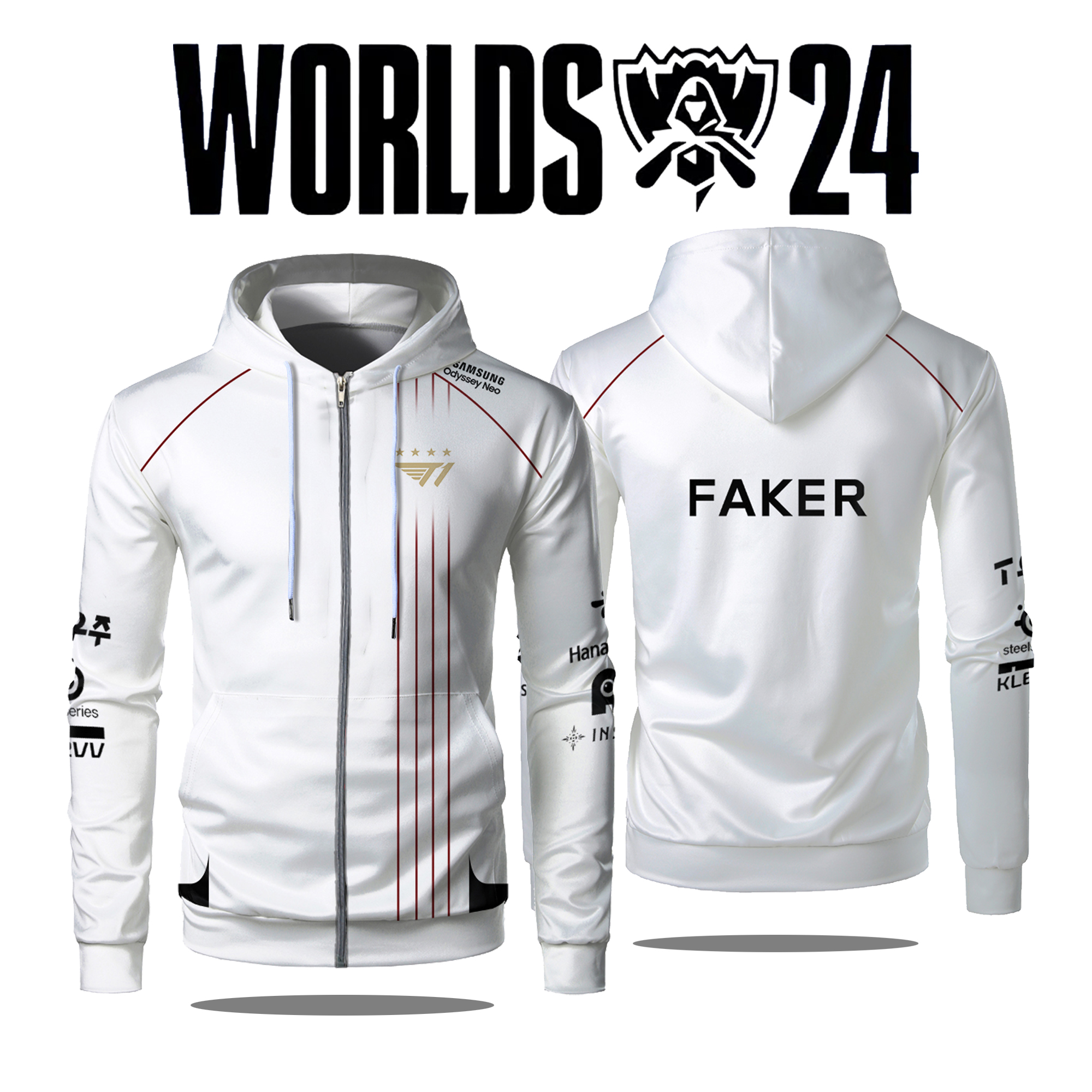 2024 새로운 T1 Esports 팀 유니폼 지퍼 업 까마귀 리그 오브 전설 세계 결승전 저지 Hoody Faker 팬 남성 훈련 의류 맞춤