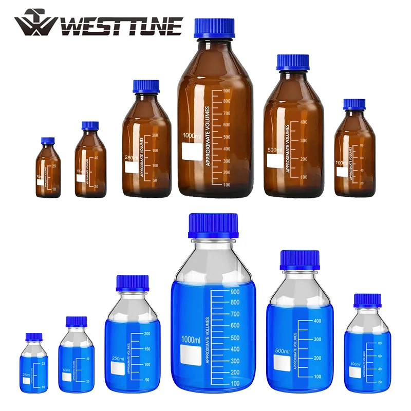 Westtune GL45 Bottiglia di reagente in vetro marrone e trasparente 25 ml-1000 ml Bottiglie da laboratorio resistenti agli agenti chimici con tappo a vite a prova di perdite