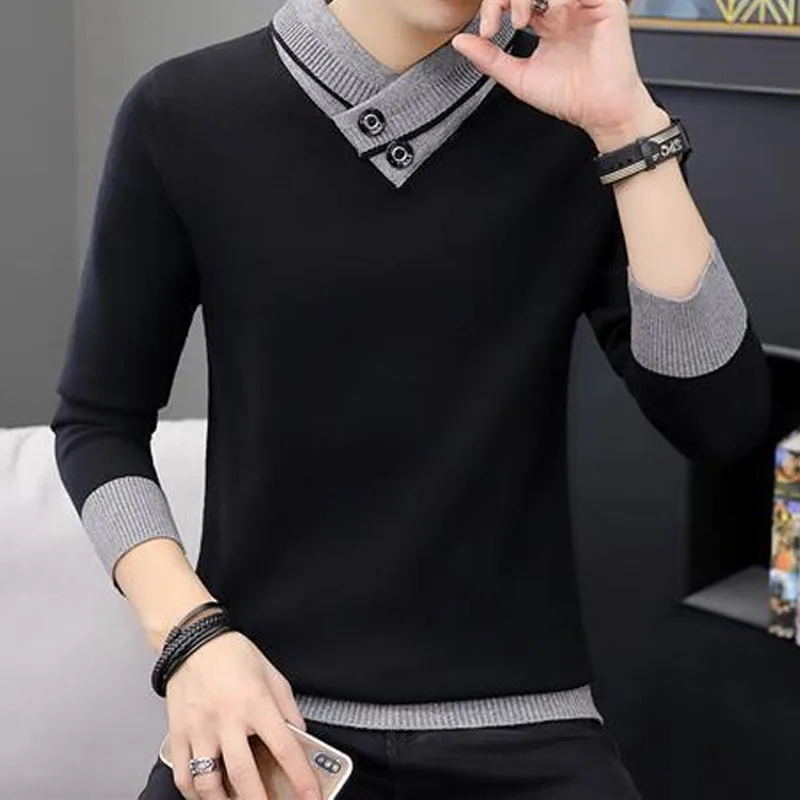 2023ฤดูใบไม้ร่วงฤดูหนาวผู้ชายเสื้อคอเต่าแขนยาวหนาเสื้อกันหนาวเกาหลีสีทึบSplicedถักPulloversชายเสื้อผ้า