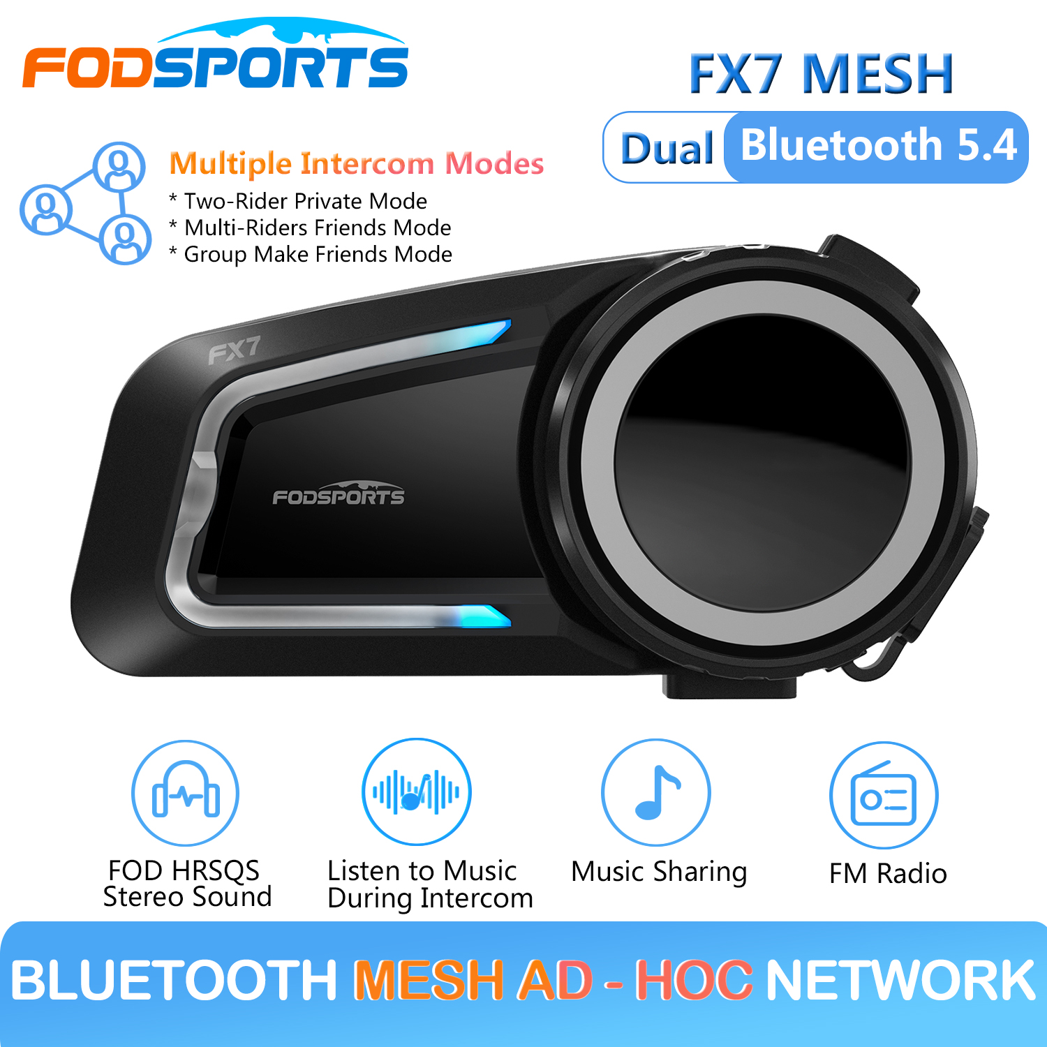 Bluetooth-гарнитура Fodsports FX7 сетчатая для мотоциклетного шлема, 10 динамиков Домофон для мотоциклов,Блютуз 5.4,Обмен музыкой
