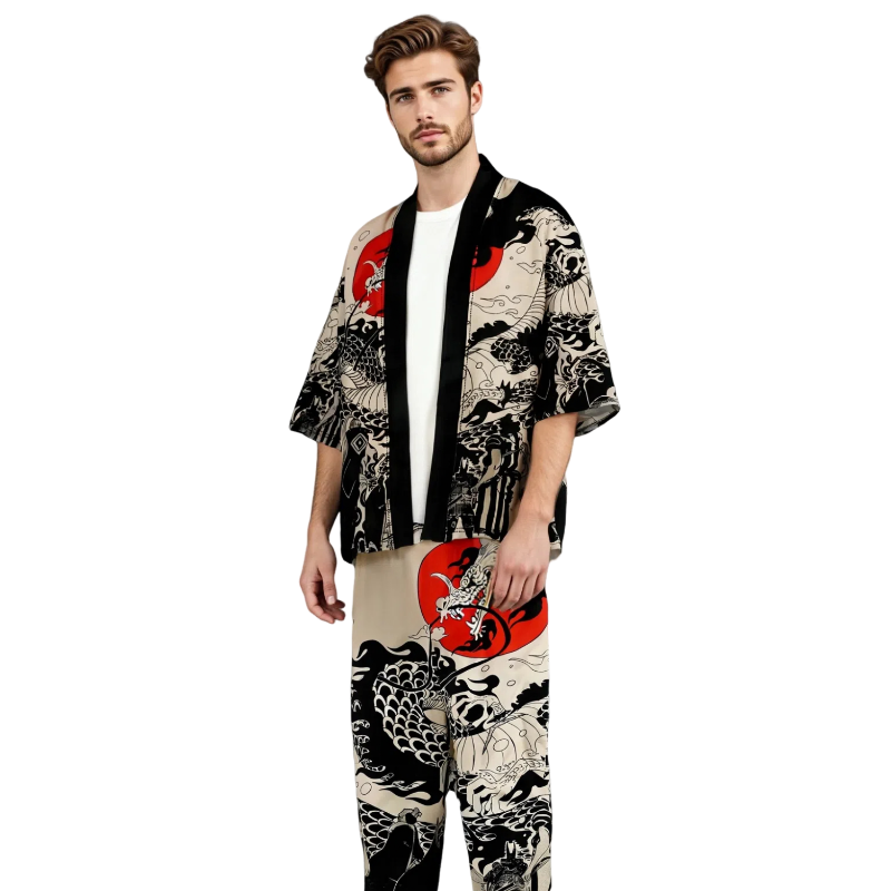 Asiático tradicional estilo japonês dragão e sol impressão haori cardigan e cordão calças compridas conjunto samurai cosplay outfit unisex