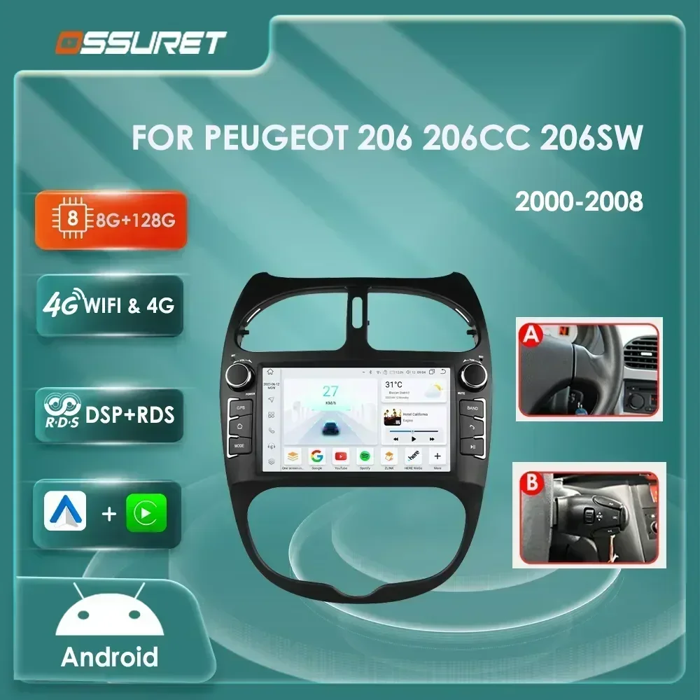 Android 12 radio de coche para PEUGEOT 206 206CC 206SW 2000-2005 2006 2007 2008 reproductor Multimedia GPS navi Video 7862 2din Autoradio