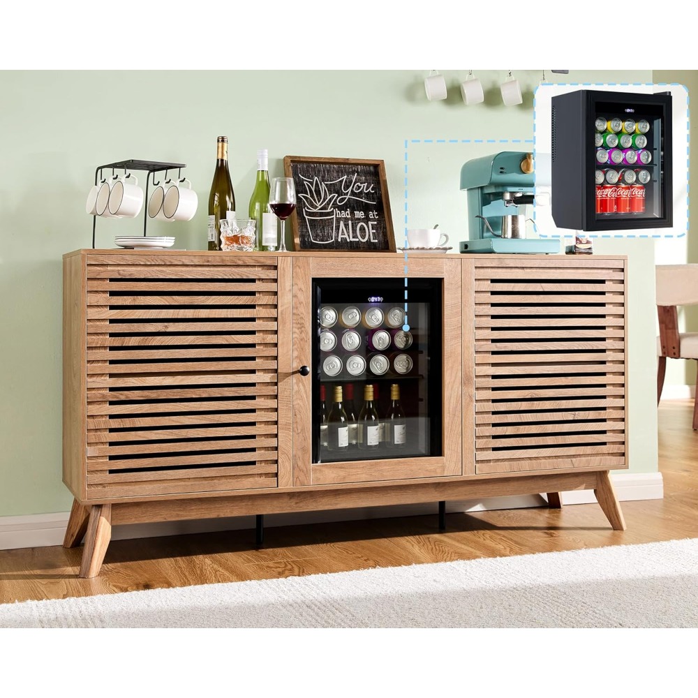 60" coffe bar cabinet with built-in beverage refrigerator– wine bar with 24 cans mini fridge– sideboard buffet cabinet with stor