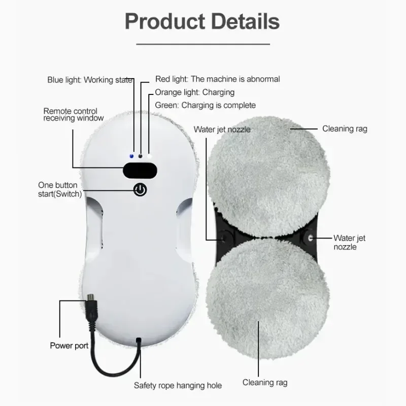 Robô inteligente de limpeza de janelas com spray de dupla face com forte sucção, limpador de vidros elétrico para janelas de casa e escritório de alta altura