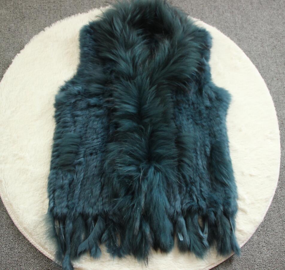 Harppihop-Real Rabbit Fur Vest com Raccoon Fur Collar para Mulheres, Colete, Casacos de Malha, Frete Grátis, Inverno