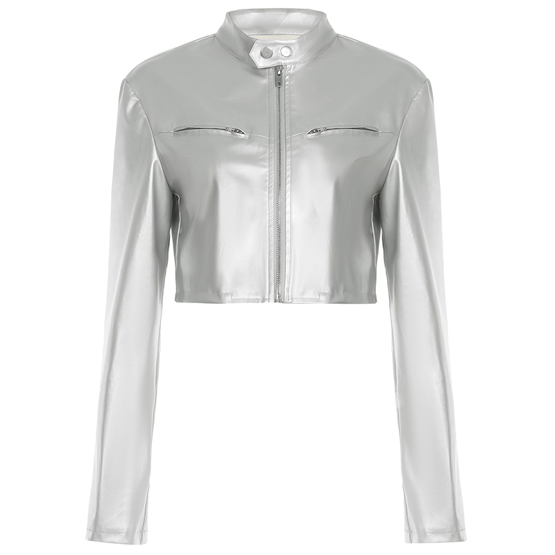 Slish Silver Short Biker Sle Leather Jacket Women Open Cardigan Stand Collar Versatile Dancing Top PU Material Long Sleeve