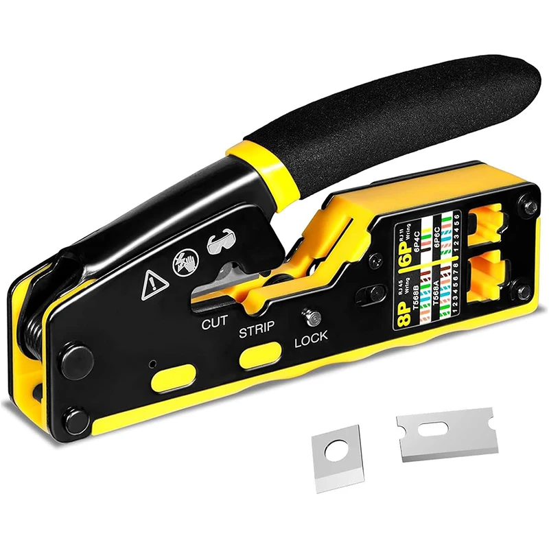 RJ45 Crimp Tool Pass Through Ethernet Crimping Tool for Cat6 Cat5 Cat5e RJ45 Connectors with Replacement Blade