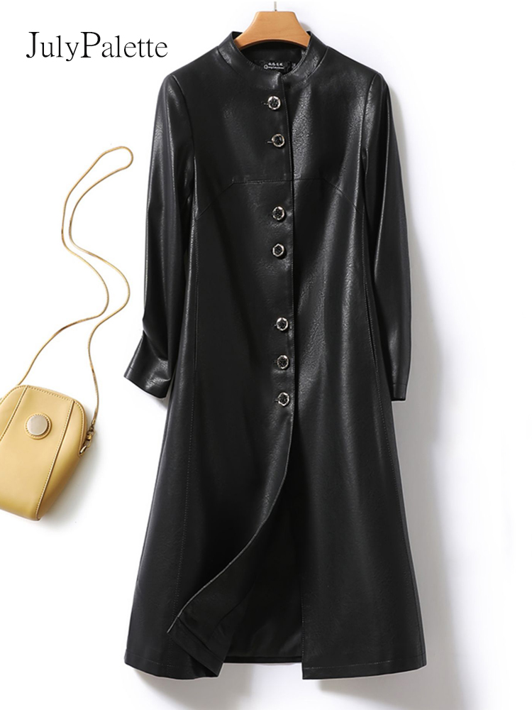 ジュリパレット-女性用シープスキンレザーコート、女性用Oネックロングトレンチコート、シングルブレストスプリットシープスキンアウターウェア、2024年秋