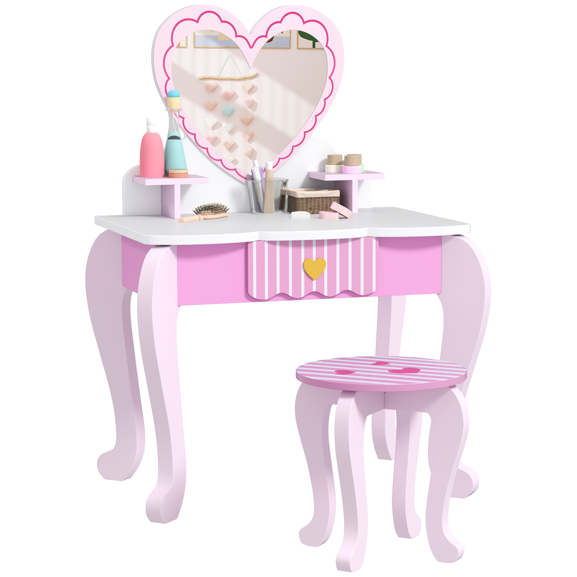 AIYAPLAY 2 PCS Kids Dressing Table Set with Stool, Mirror, Drawer, Desktop Storage, Heart Theme Girls Makeup Desk & Chair, Pink
