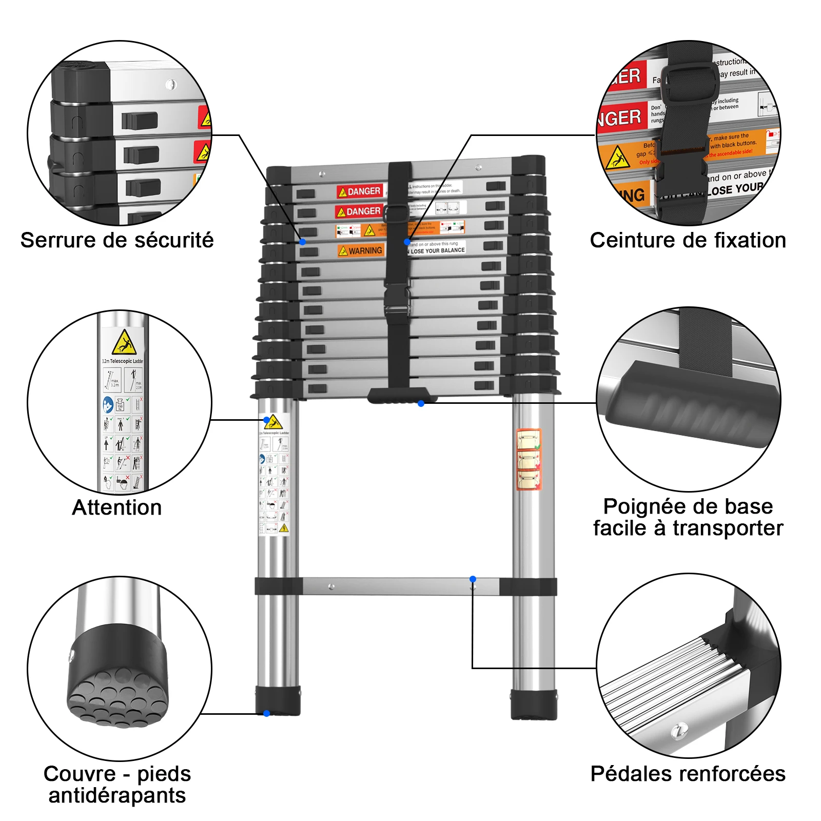 Multi-Purpose 6.2M Telescopic Ladder with hooks,Professional Aluminum Multifunctional Telescopic Ladder Removable Hook Extension